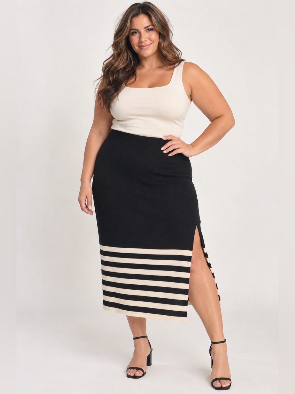 NWT Edited by Remi Bader Knit Midi Skirt Black White Striped Side Slit XL